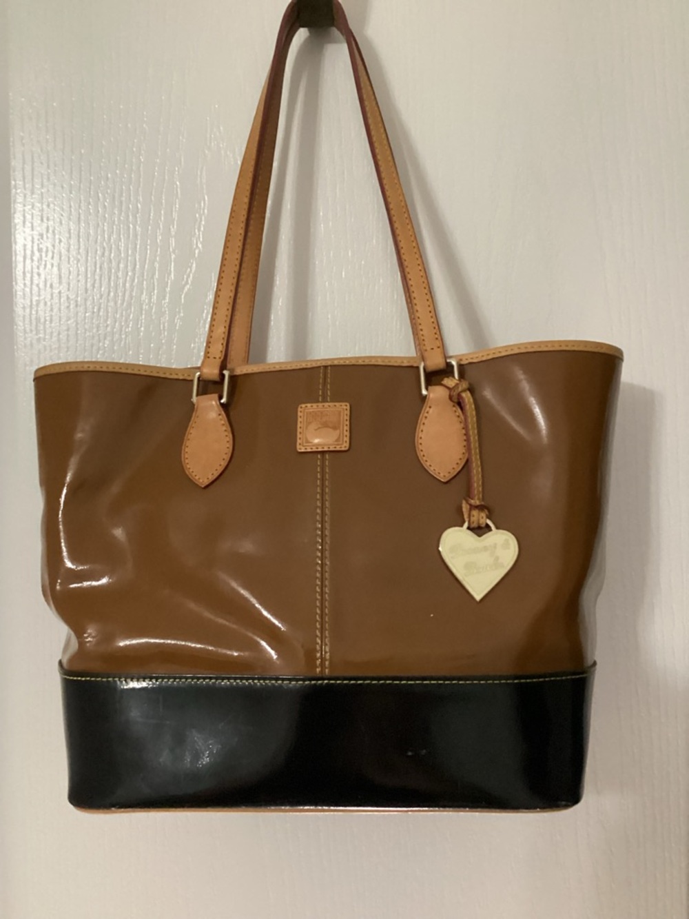 Dooney & Bourke Brown and Black Patent Tote with Heart Charm